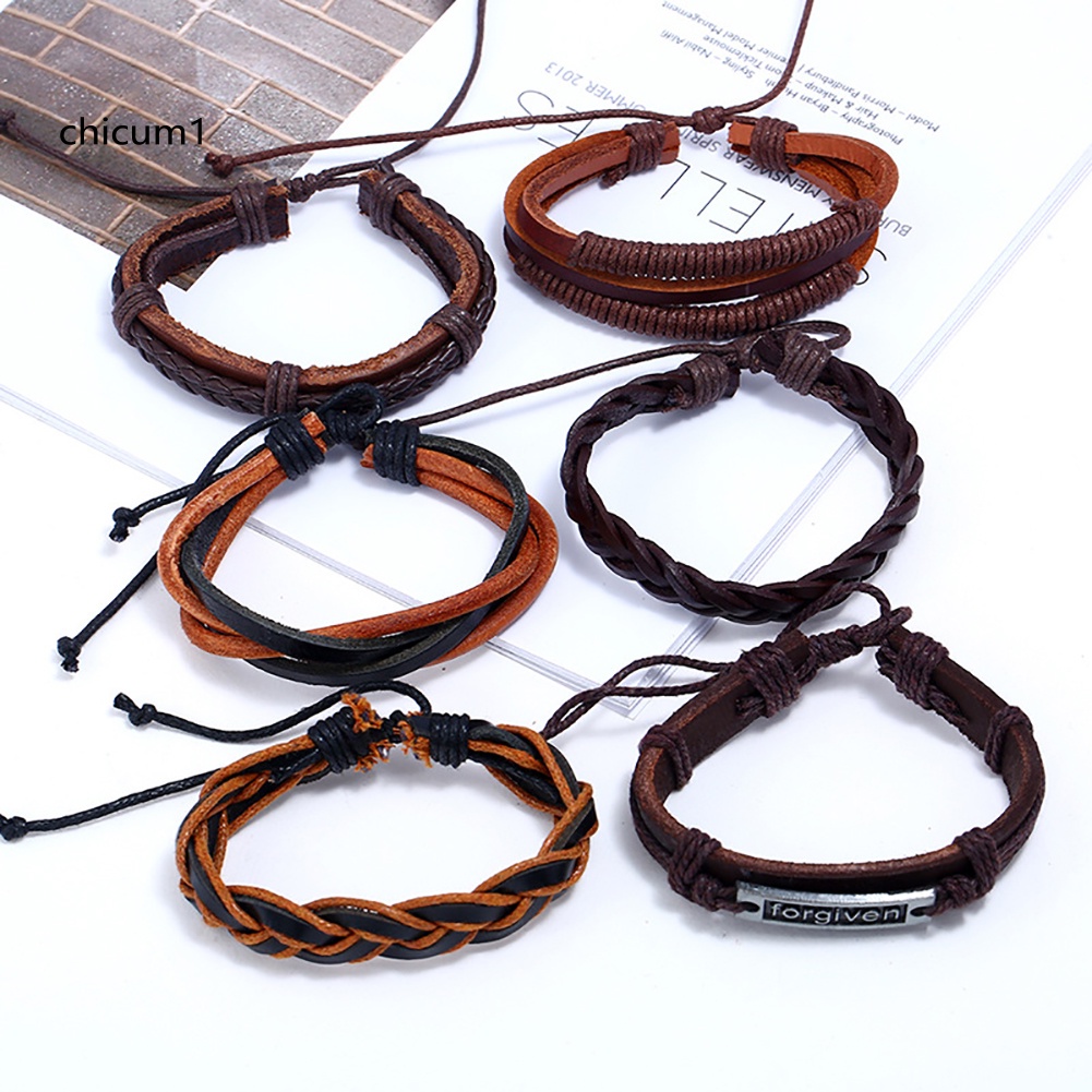 Set 6 Vòng Tay Bện Dây Giả Da Phong Cách Vintage Cho Nam