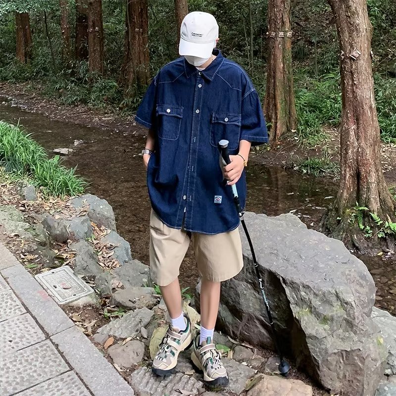 Áo Sơ Mi Denim Tay Ngắn Dáng Rộng Giả Nhiều Lớp Phong Cách Retro Nhật Bản Cho Nam Và Nữ
