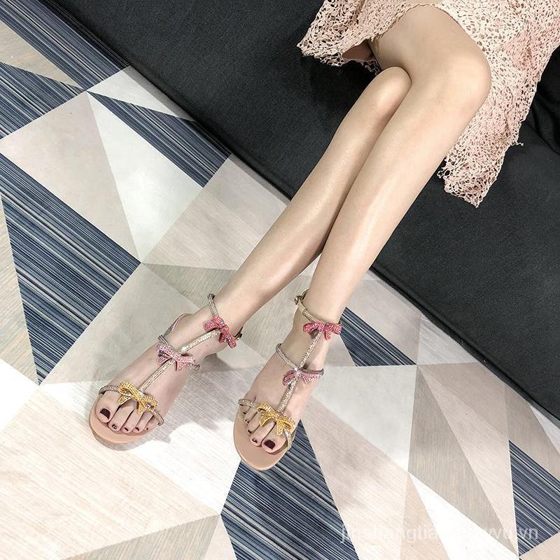 Rc Giày Sandal Cao Gót Đế Dày Quai Nơ Đính Đá Thời Trang Mùa Hè 2023