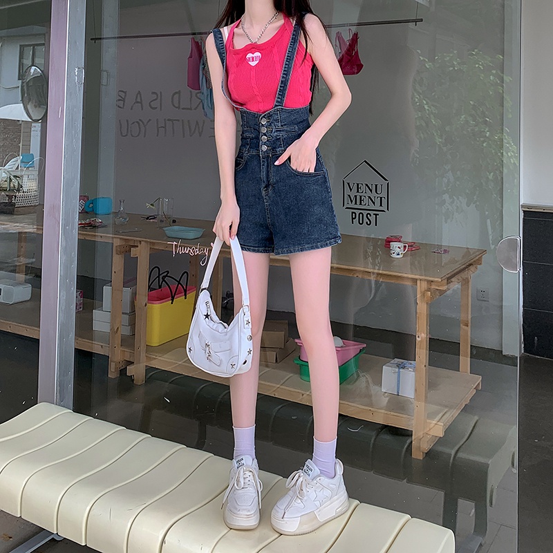 Quần Yếm Denim Ngắn Retro Thời Trang Cho Nữ