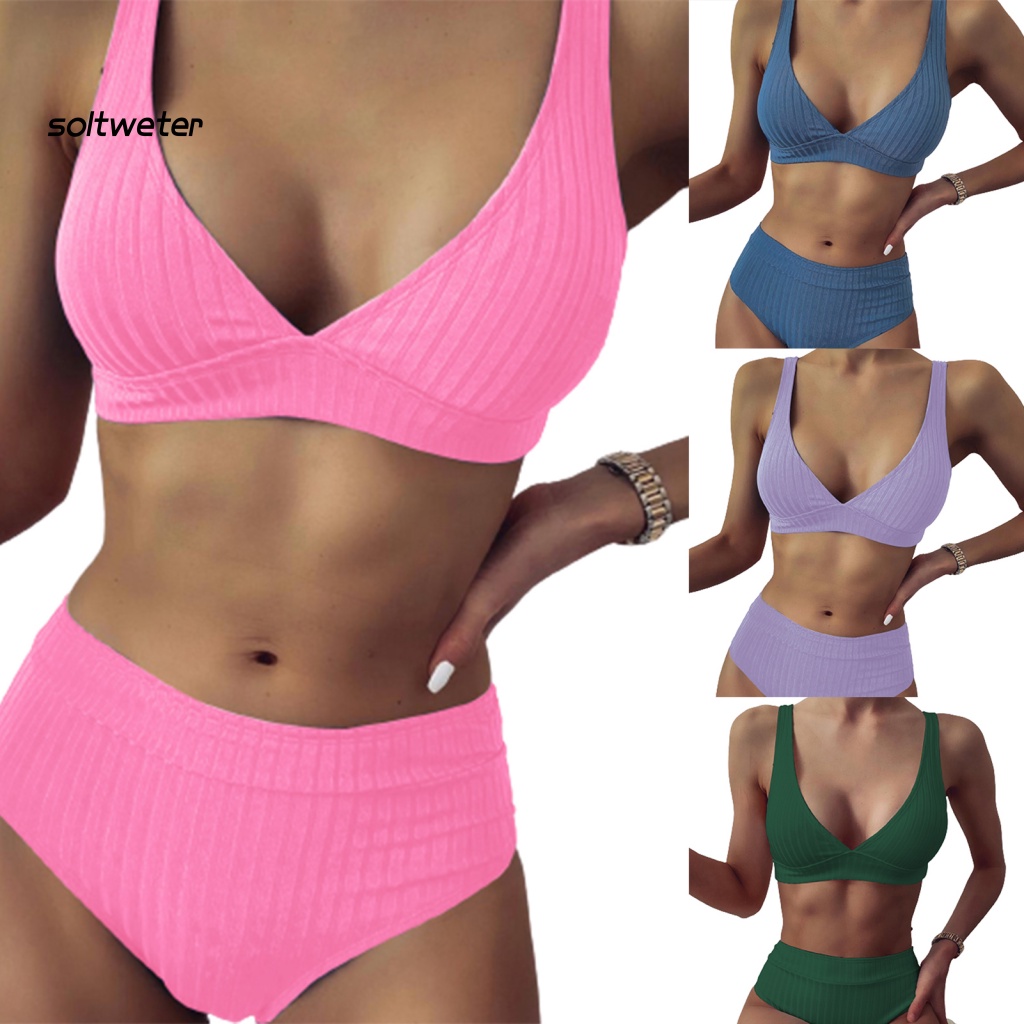 Bộ Đồ Bơi Bikini Hai Mảnh Cổ Chữ V Sâu Màu Trơn Có Gân Và Quần Lót Dành Cho Bạn Nữ Mặc Mùa Hè