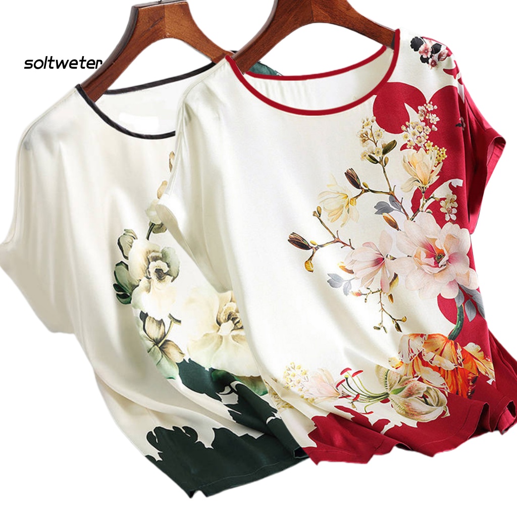 Áo Thun Lụa Lạnh Cổ Thuyền In Họa Tiết Hoa Thời Trang Mùa Hè Xinh Xắn Cho Nữ