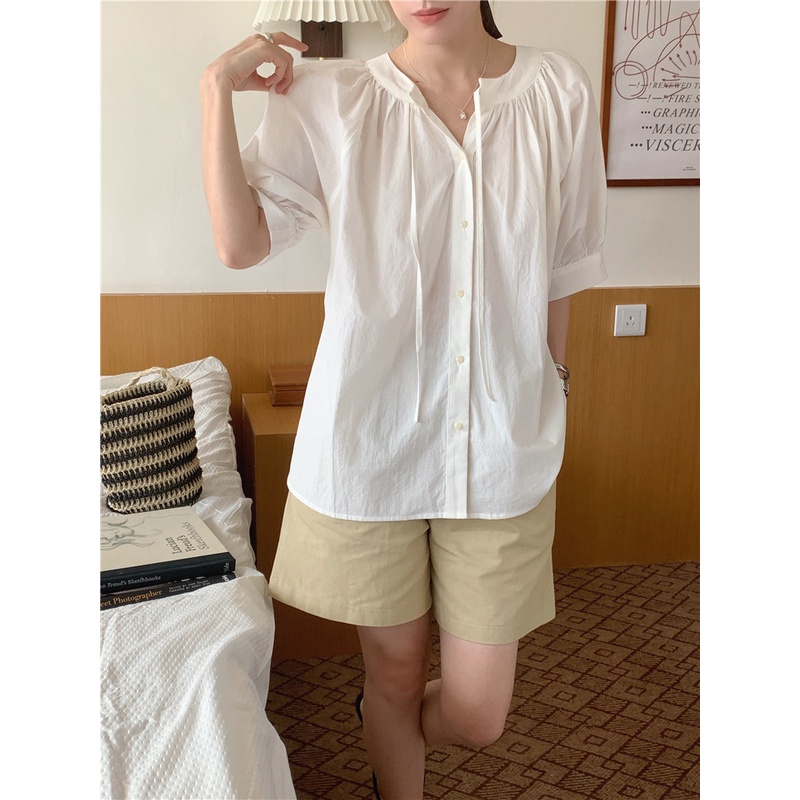 Áo Sơ Mi Tay Ngắn Cổ Tròn Màu Trơn Đơn Giản Thời Trang Mùa Hè Hàn Quốc Cho Nữ