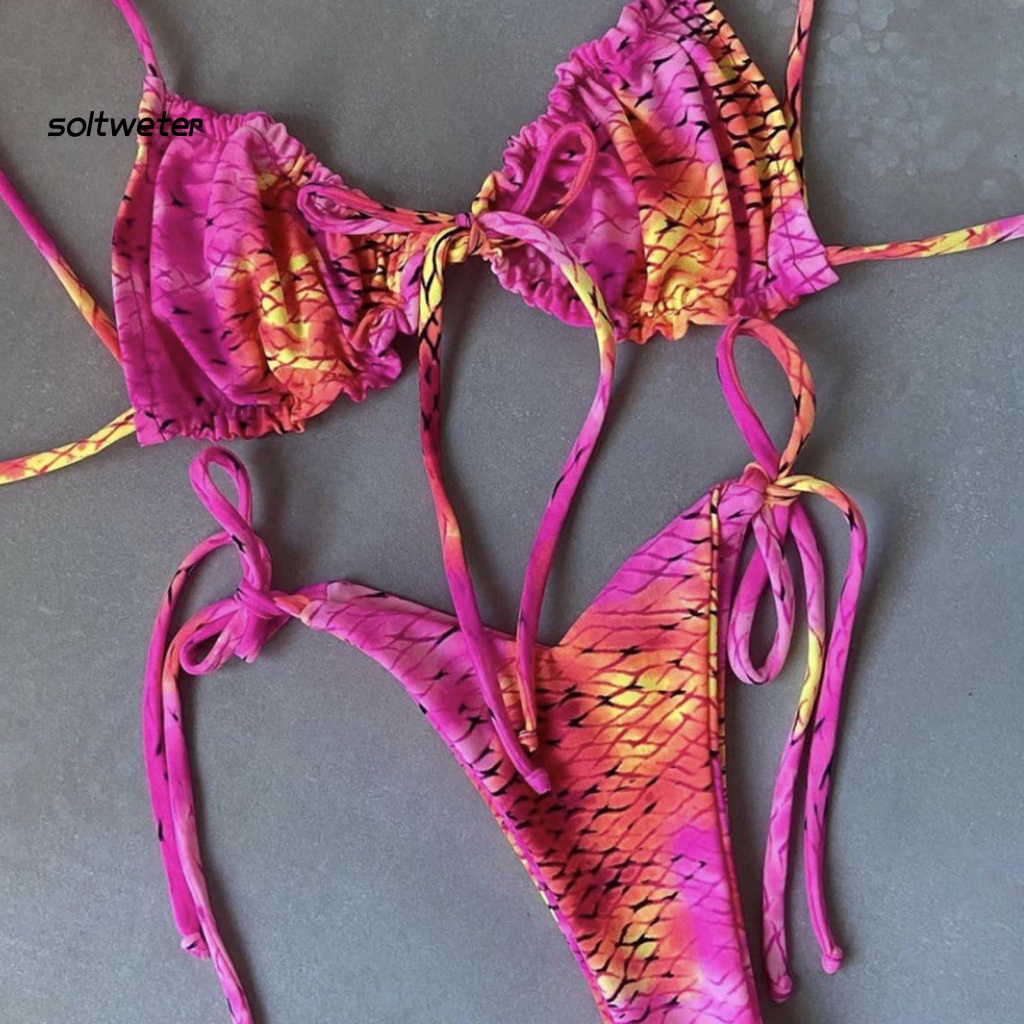 Bộ Đồ Bơi Bikini Hai Dây Buộc Nơ Eo Thấp In Họa Tiết Quyến Rũ Cho Nữ