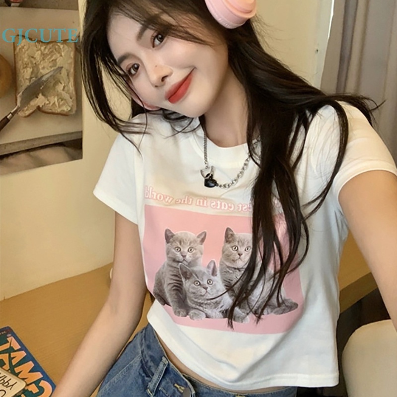 Áo Thun Crop Top Tay Ngắn Cổ Tròn In Hình Mèo Dễ Thương Phong Cách Mỹ Thời Trang Mùa Hè Cho Nữ