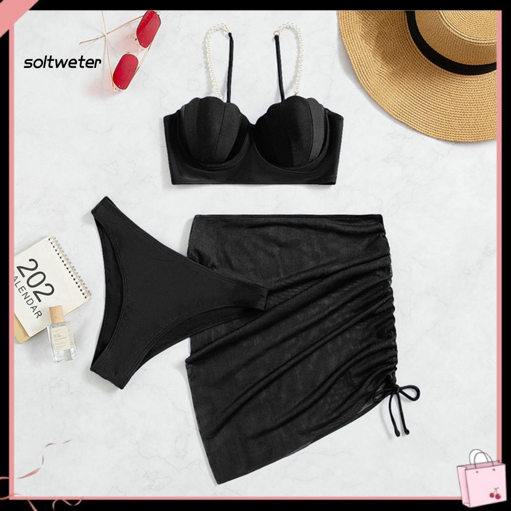 Bộ 3 Món Đồ Bơi Bikini Gồm Áo Hai Dây Có Mút Đệm Ngực Và Chân Váy Lưng Cao Phối Dây Rút Hình Vỏ Sò Gợi Cảm