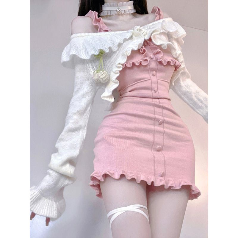 Váy dệt kim màu hồng Áo len dài tay màu be Đan Cardigan