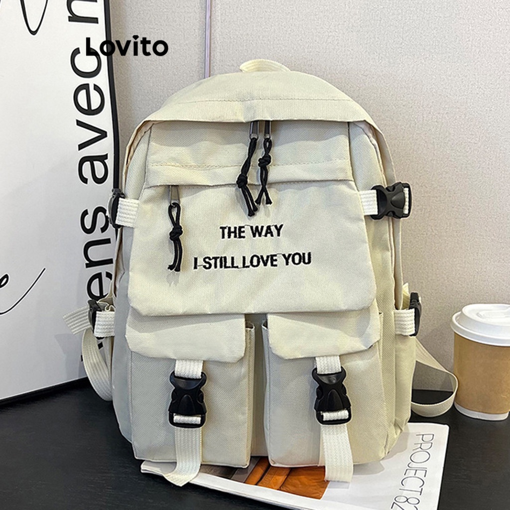 Lovito Ba lô có khóa bỏ túi thông thường có sức chứa lớn dành cho nữ L57AD189 (Tắt Trắng/Đỏ/Đen)