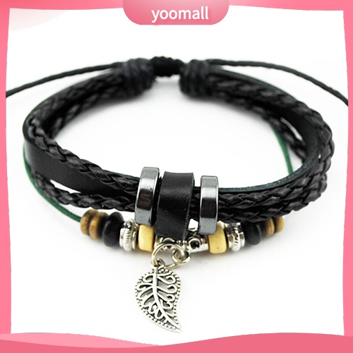 Vòng Tay Giả Da Nhiều Lớp Đính Hạt Và Mặt Hình Lá Có Thể Điều Chỉnh Kích Thước Unisex