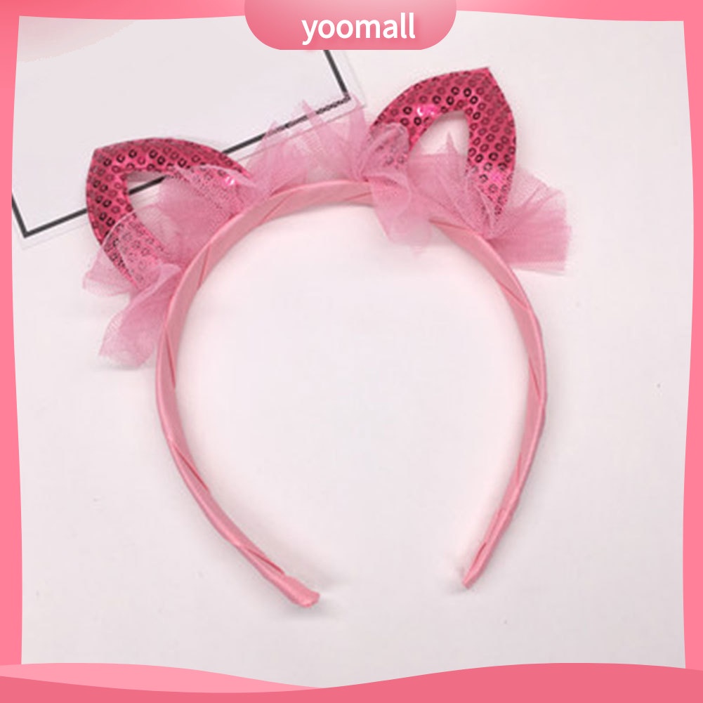 Băng Đô Cài Tóc Hình Tai Mèo Bằng Vải Gạc Đính Kim Sa Dễ Thương Cho Bé Gái