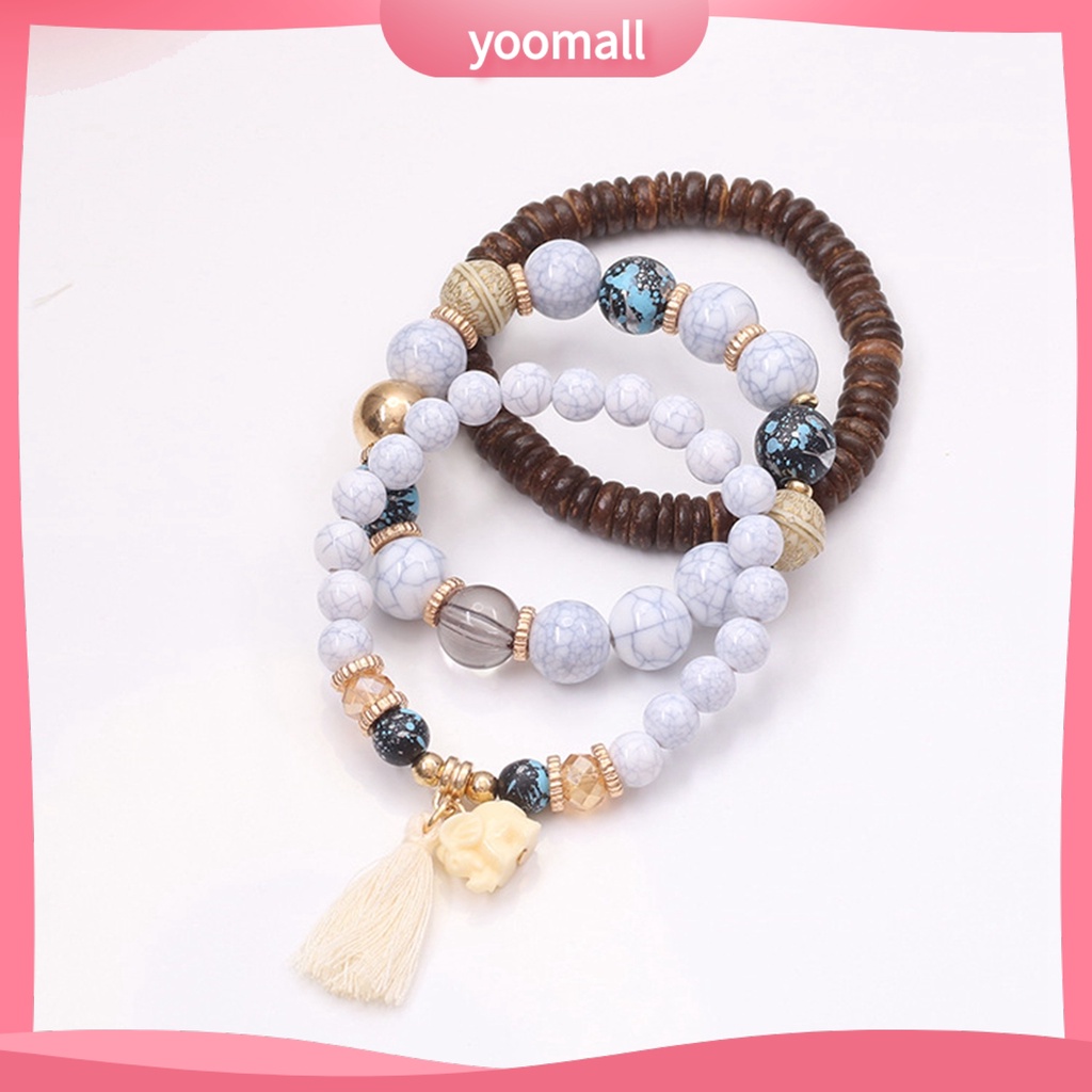 Bộ 3 Vòng Tay Chuỗi Hạt Gỗ Và Tua Rua Thời Trang