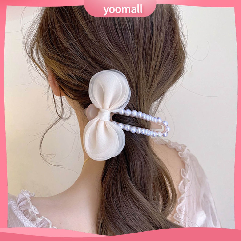 Kẹp Tóc Càng Cua Đính Ngọc Trai Giả Thắt Nơ Bằng Lưới Acrylic Chắc Chắn Cho Nữ