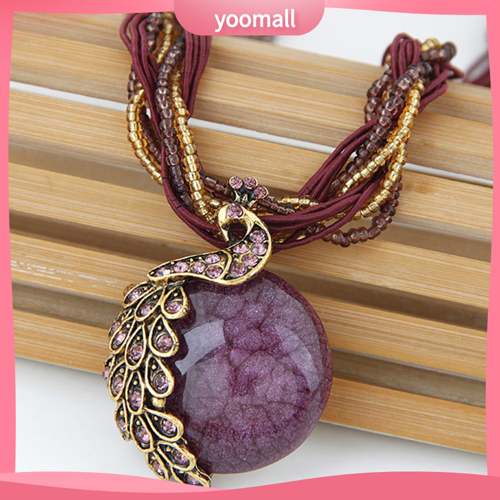 Vòng cổ Mặt Tròn Hình Chim Công Đính Đá Opal Nhân Tạo Phong Cách Bohemian