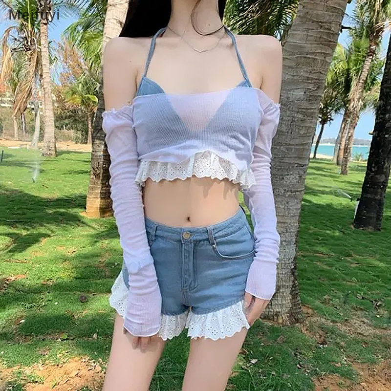 [Meifuyi] Bra+Shorts Set Women Sexy Halter Cropped Lace Backless Denim Elastic Waist Beach COD