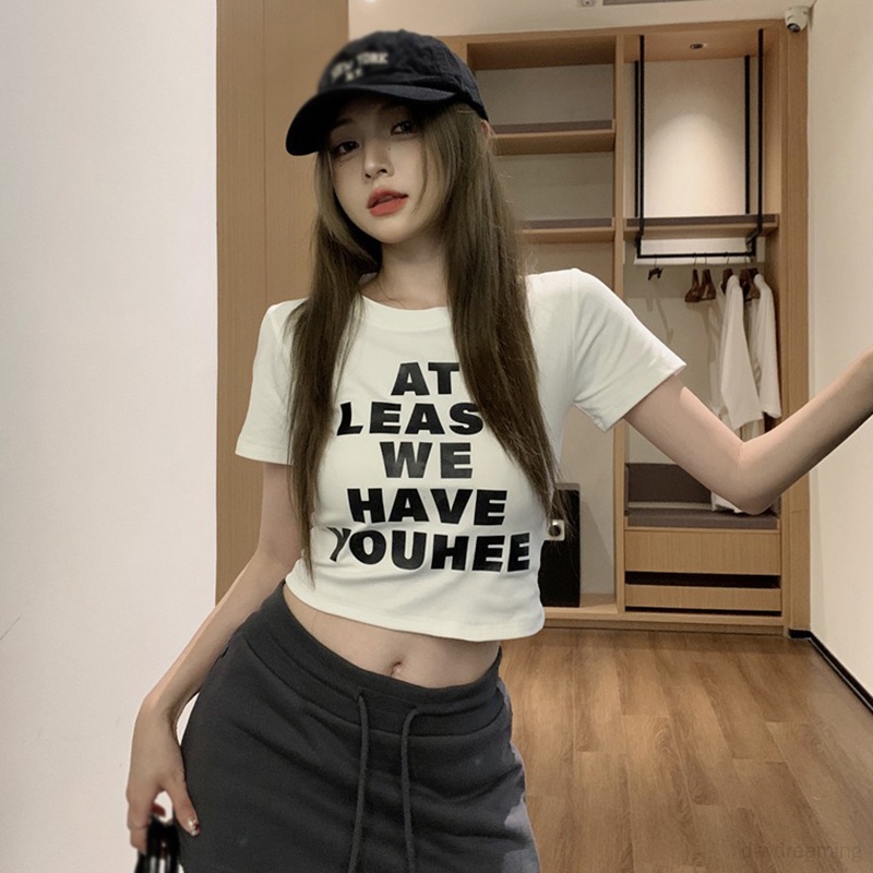 Áo Thun Croptop Tay Ngắn Cổ Tròn In Chữ Và Hình Chú Chó Dễ Thương Thời Trang Mùa Hè Phong Cách Hàn Quốc Cho Nữ