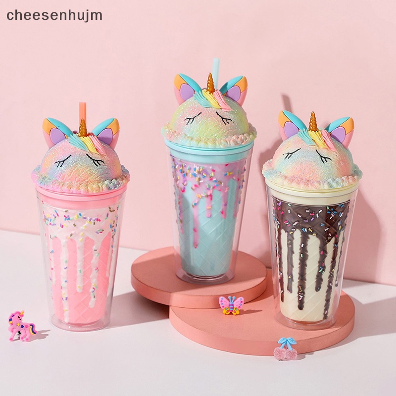 Cốc Uống Nước Hai Lớp Bằng Nhựa Họa Tiết Kỳ Lân Hoạt Hình Dễ Thương Kèm Ống Hút Tiện Dụng Cho Mùa Hè