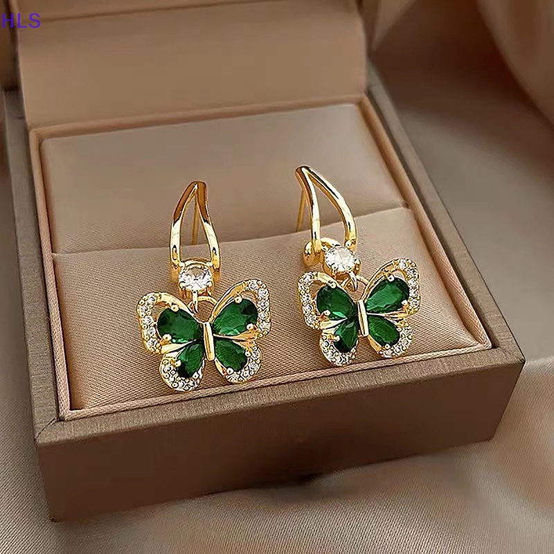 1 Đôi Bông Tai Hình Bướm Đính Đá Zircon Màu Xanh Lá Cây Phong Cách Vintage Thời Trang Dành Cho Nữ