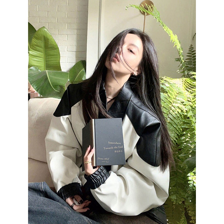 Áo Khoác Da Tay Dài Dáng Rộng Phối Màu Tương Phản Phong Cách Retro Dành Cho Nữ