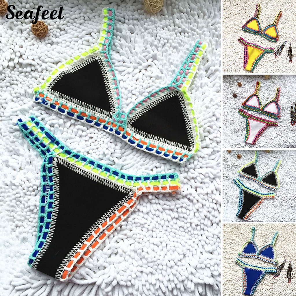 Set 2 Món Đồ Bơi Bikini Đan Móc Thủ Công Màu Sắc Tươi Sáng