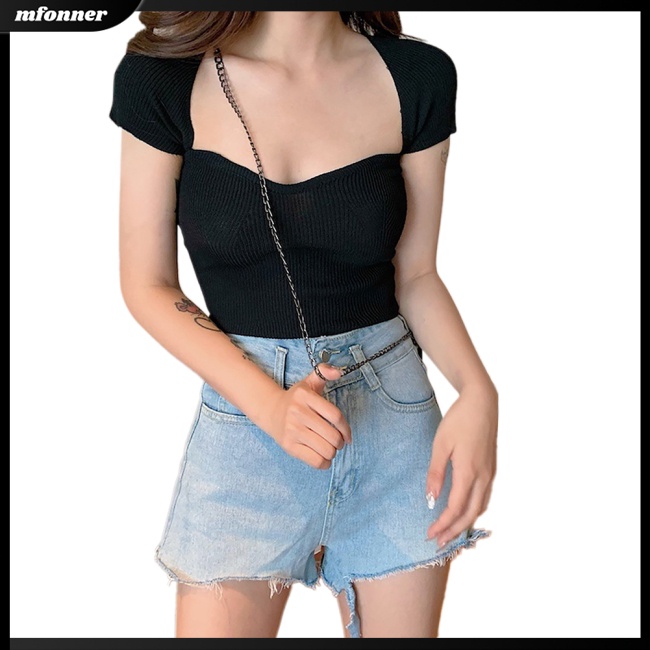Áo Croptop Dệt Kim Tay Ngắn Cổ Vuông Màu Sắc Đơn Giản Cho Nữ