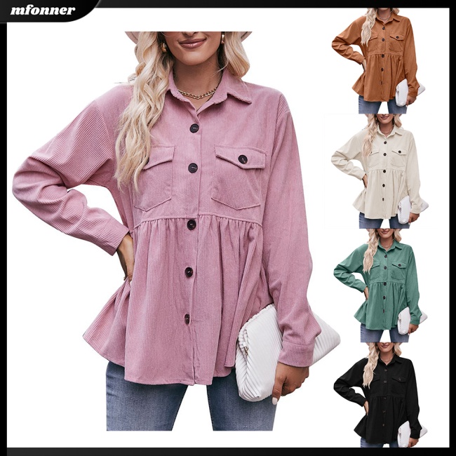 Áo Khoác Nhung Kẻ Tay Dài Màu Trơn Cài Nút Có Túi Dành Cho Nữ