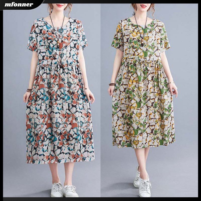 Đầm Midi Dáng Chữ A Tay Ngắn Dáng Rộng Vải Lanh Cotton In Họa Tiết Thời Trang Mùa Hè Cho Bạn Gái