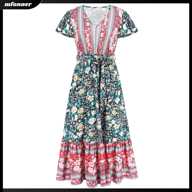 Đầm Maxi Lưng Cao Cổ Chữ V Họa Tiết Hoa Phong Cách Boho Thời Trang Mùa Hè Cho Nữ