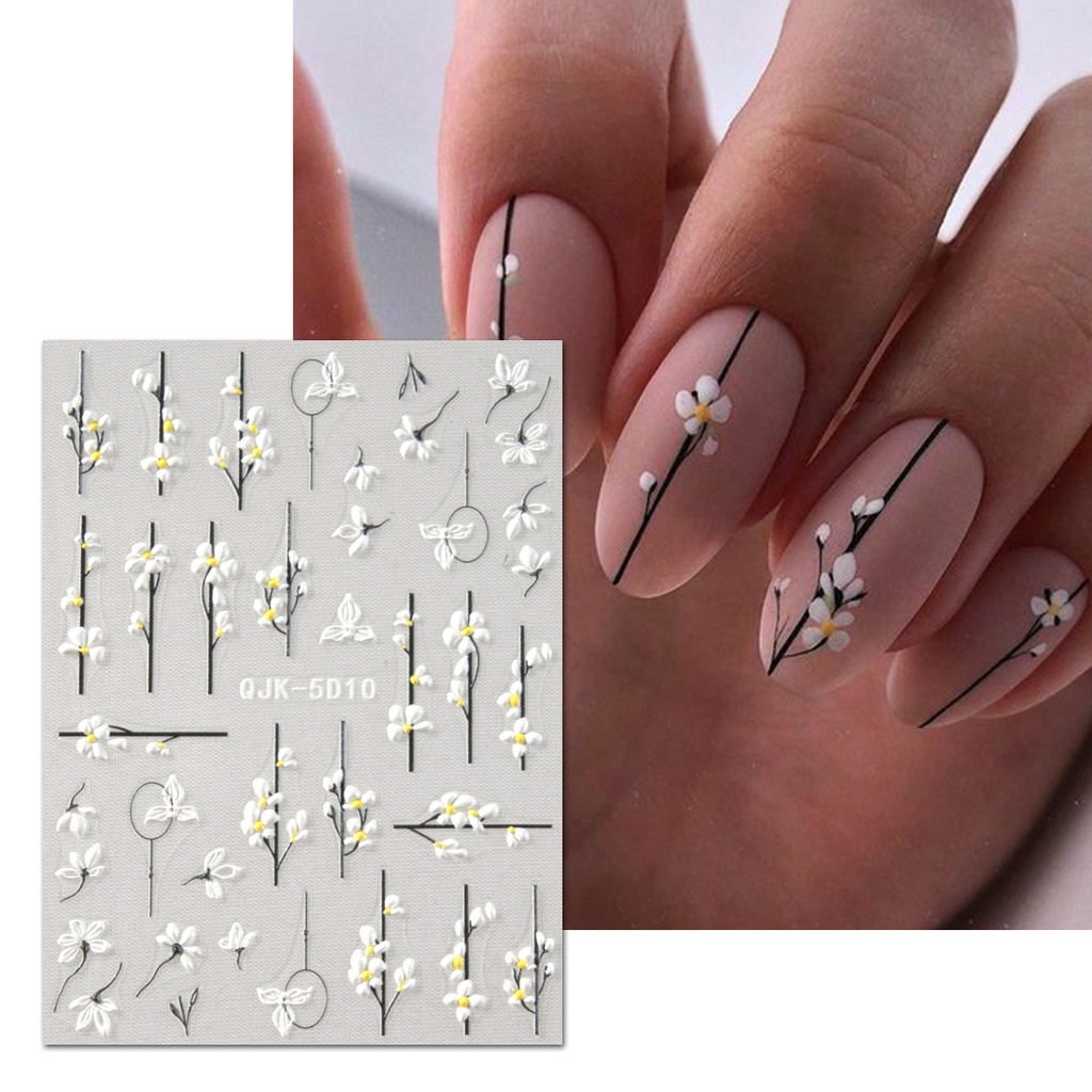 Set 3 Tấm Nhãn Dán Trang Trí Móng Tay In Nổi Họa Tiết Hoa Trà Xanh Dương Mùa Xuân Hè