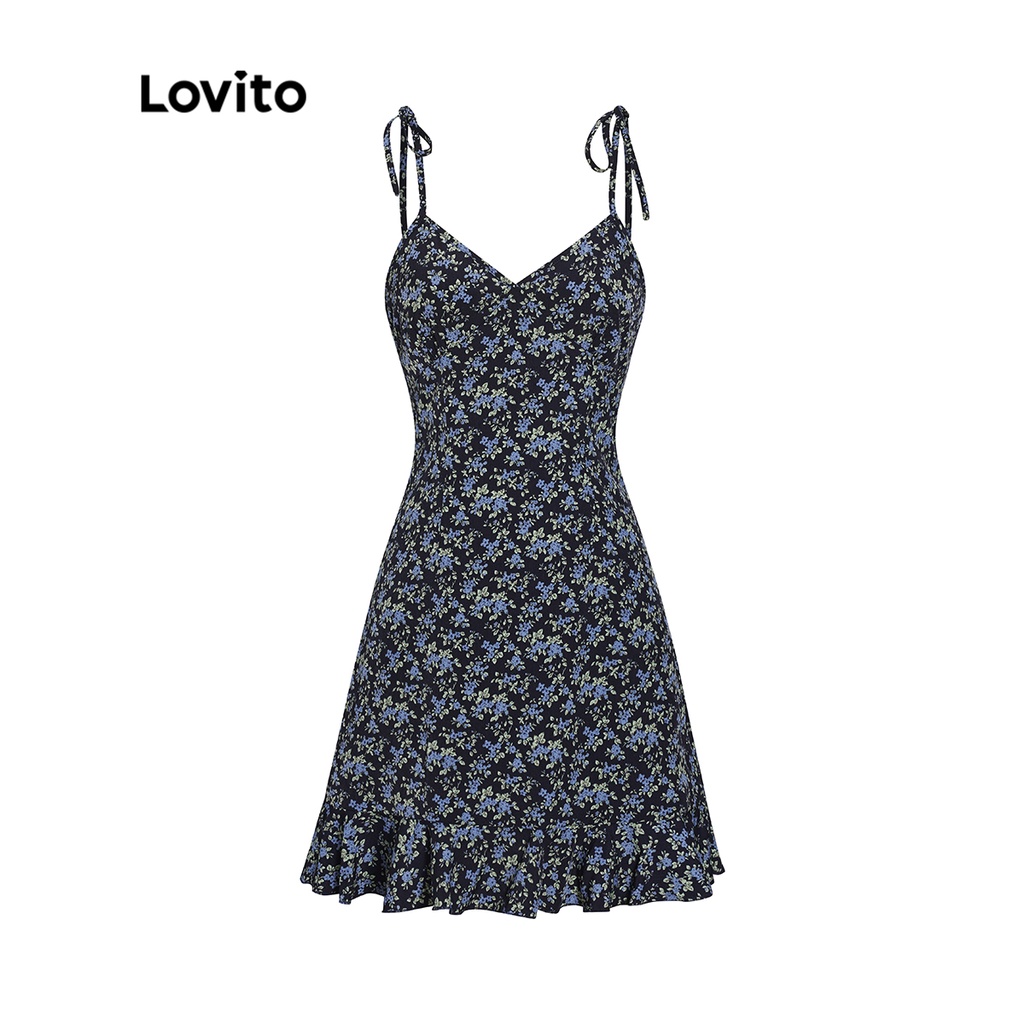 Đầm xòe mini Lovito cổ chữ V không tay họa tiết hoa nhí cột dây phía trước viền xếp nếp cho nữ L53AD049 (hoa/ hoa cúc)