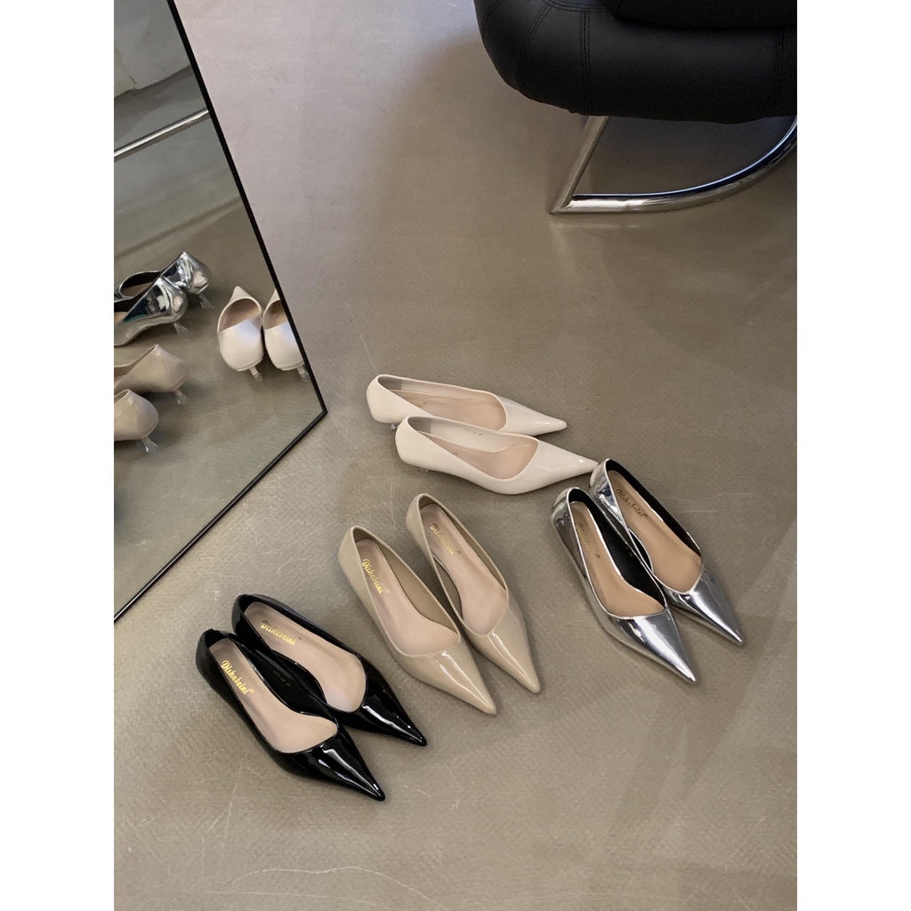 Giày Cao Gót Mũi Nhọn Bằng Da Bóng Màu Trơn Phong Cách Pháp Thời Trang Mùa Hè 2023 Dành Cho Bạn Nữ