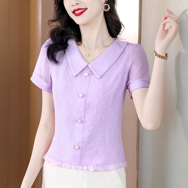 Áo Sơ Mi Chiffon Tay Ngắn Dáng Ôm Màu Tím Thời Trang Mùa Hè Hàn Quốc 2023 Dành Cho Bạn Nữ