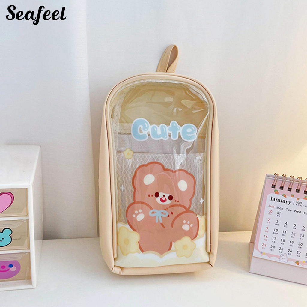 Túi Đựng Thước Kẻ Trong Suốt Chống Nước In Họa Tiết Thỏ / Gấu Có Dây Đeo