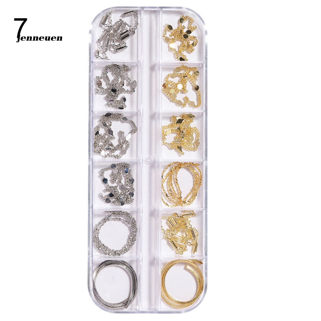 Set 12 Phụ Kiện Trang Trí Móng Tay 3D Bằng Kim Loại Gọn Nhẹ Màu Vàng / Bạc Thời Trang