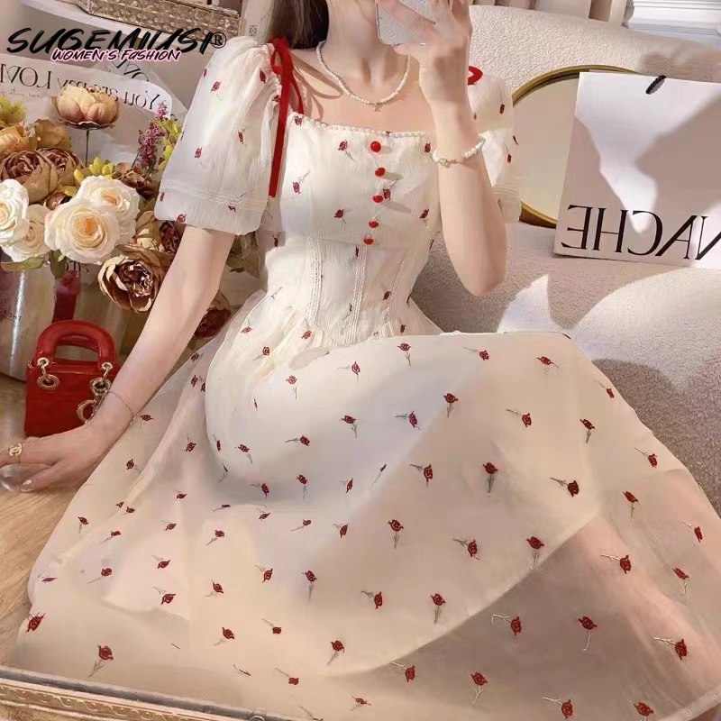 Sugemiusi Đầm Công Chúa Dáng Dài Ôm Eo Họa Tiết Hoa Thời Trang Mùa Hè Pháp