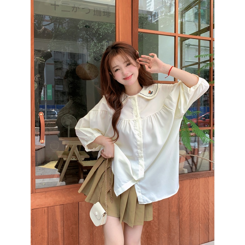 SUXI Áo Kiểu Tay Phồng Cổ Búp Bê Thêu Họa Tiết Thời Trang Mùa Hè Phong Cách Hàn Quốc Cho Nữ