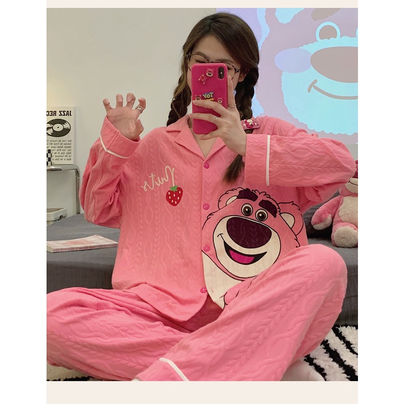 Bộ Đồ Ngủ Chất Cotton Tay Dài In Họa Tiết Trái Dâu Tây Dễ Thương Thời Trang Xuân Thu Cho Nữ
