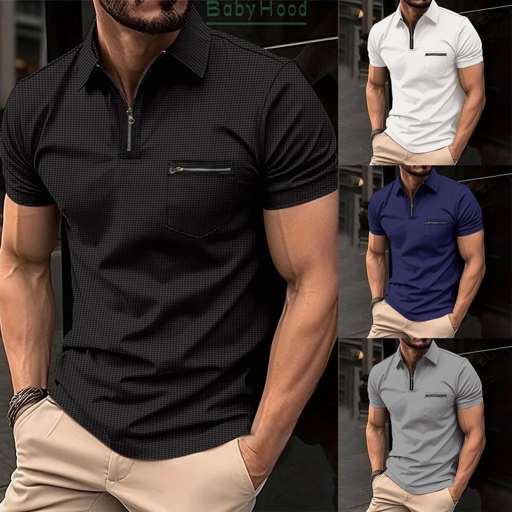 Mens Zip Neck Shirt Short Sleeve Regular Work Casual Slim Fit Tee Tops Formal#BBHOOD