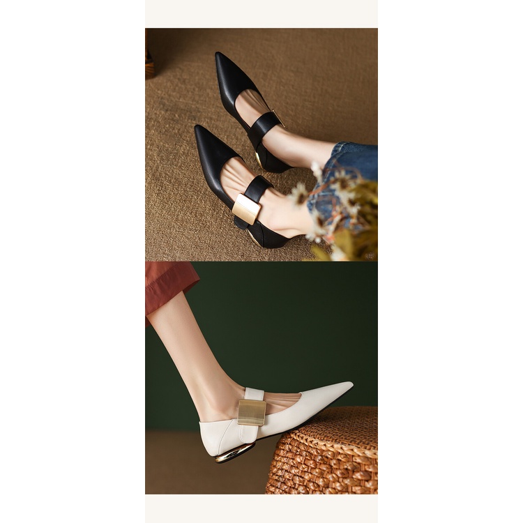 Giày Búp Bê Da Mềm Mũi Nhọn Phối Khóa Kim Loại Phong Cách Pháp 2023 Cho Nữ