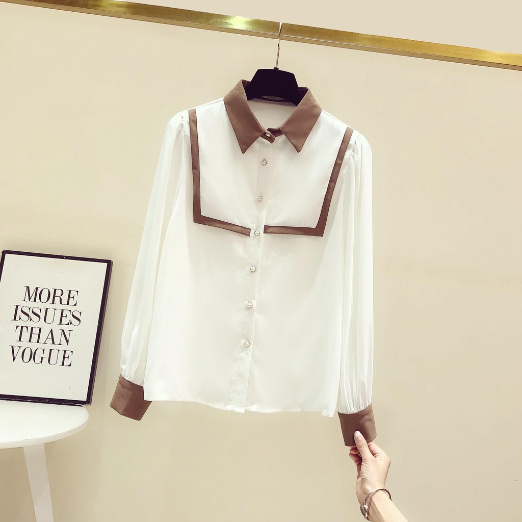 Áo Sơ Mi Tay Dài Có Cổ Phối Màu Tương Phản Thời Trang Mùa Thu 2023 Cho Nữ