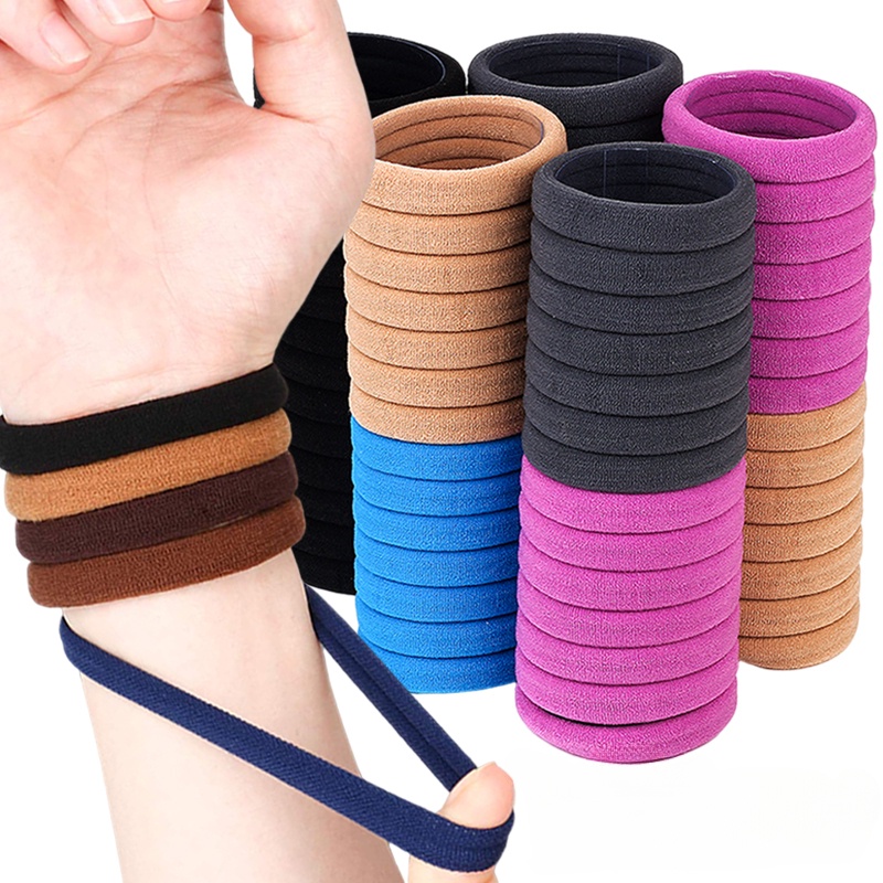 Bộ 50 Dây Cột Tóc Bằng Cotton Không Đường May Co Giãn Màu Đen / Mỏng Nhiều Màu Dành Cho Nữ