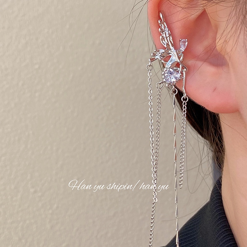Bộ Khuyên Kẹp Vành Tai Dáng Dài Hình Thiên Thần Đính Đá Dễ Thương Phong Cách Hàn Quốc