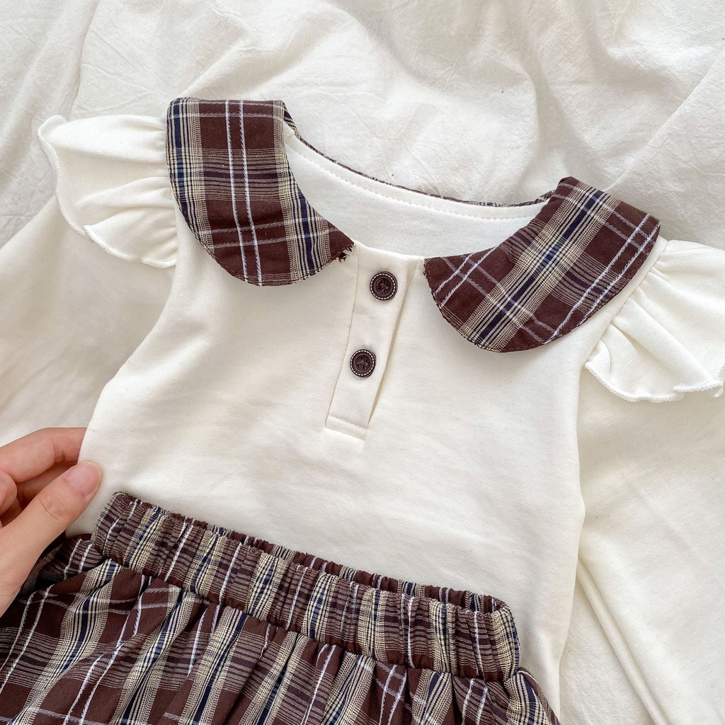 Bộ Áo Dài Tay + Quần Culottes Xếp Ly Sọc Caro Phong Cách Preppy Mùa Thu Hợp Thời Trang