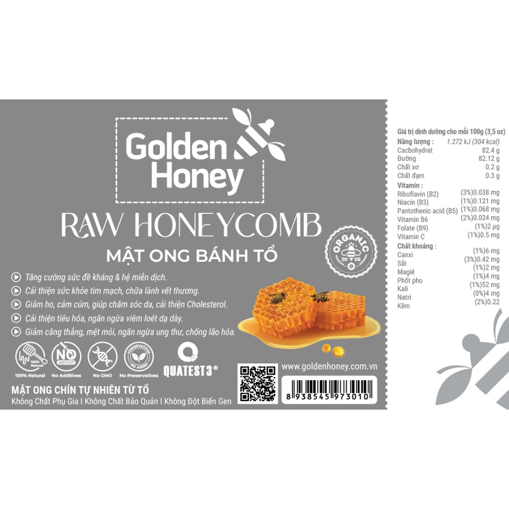 Mật ong bánh tổ Healthy Care golden honey honeycomb nguyên tốt cho sức khỏe 500g Quatangme1