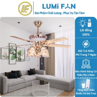 Quạt đèn trần trang trí lumifan, quạt trần đèn decor lõi đồng, quạt trần cánh sắt có điều khiển, quạt treo chần lumifan