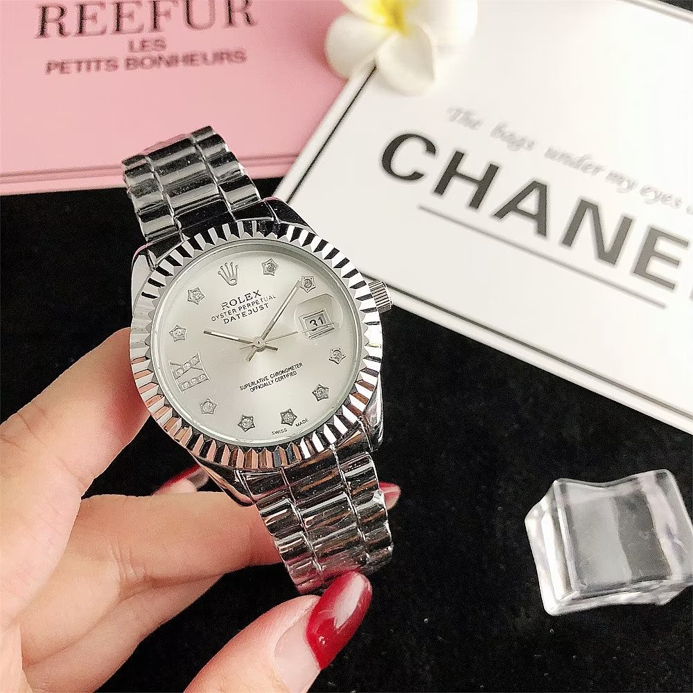 Đồng Hồ Rolex Mặt Tròn Đính Kim Cương Dây Da Thép Không Gỉ Thời Trang Cho Cặp Đôi