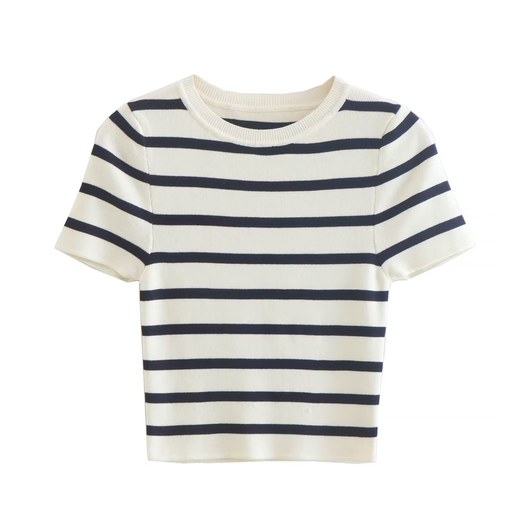 Zara phong cách mới mùa thu sọc căng ngắn dệt kim t-shirt