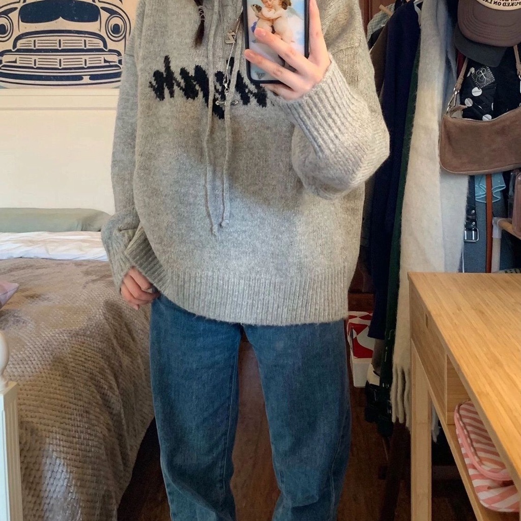 Áo Hoodie Dệt Kim Dáng Rộng Thời Trang Vintage Cho Nữ