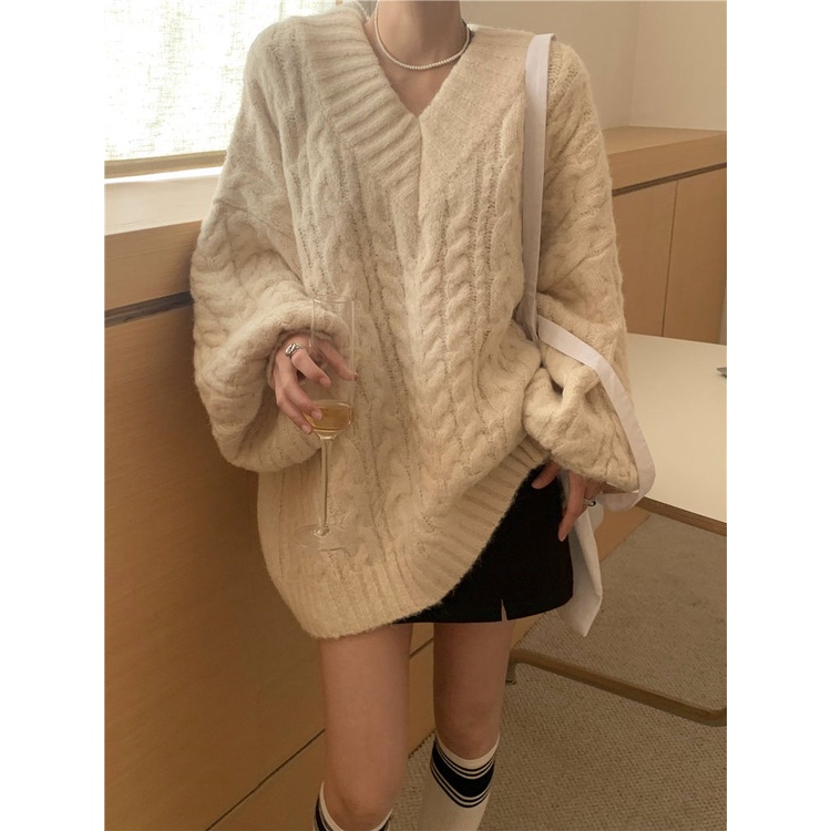 Áo len chui đầu nữ rộng thùng thình màu tinh khiết dài tay harajuku sinh viên ngọt ngào thời trang all-match ulzzang đan mùa thu phụ nữ phổ biến