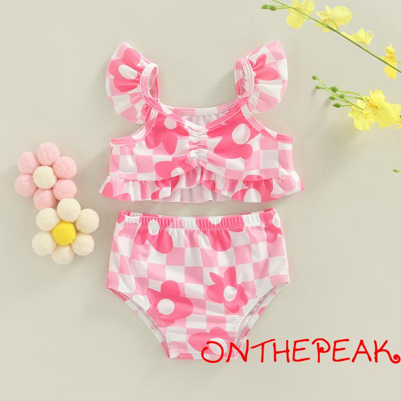 Ont-baby girls bộ bikini kẻ sọc in hoa fly tay Áo hai dây với quần sịp tắm áo tắm cho bãi biển mùa hè