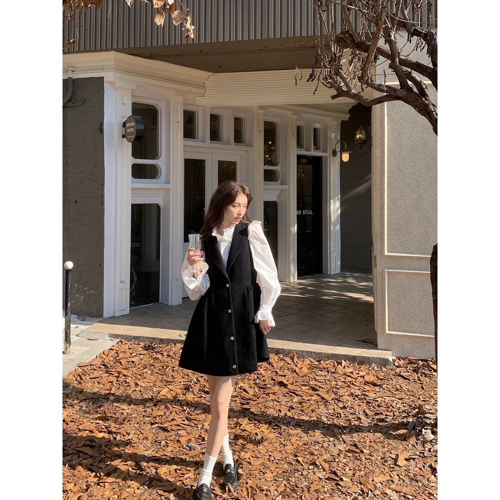 Set Áo Sơ Mi + Đầm Sát Nách Nhấn Eo Phong Cách Hàn Quốc